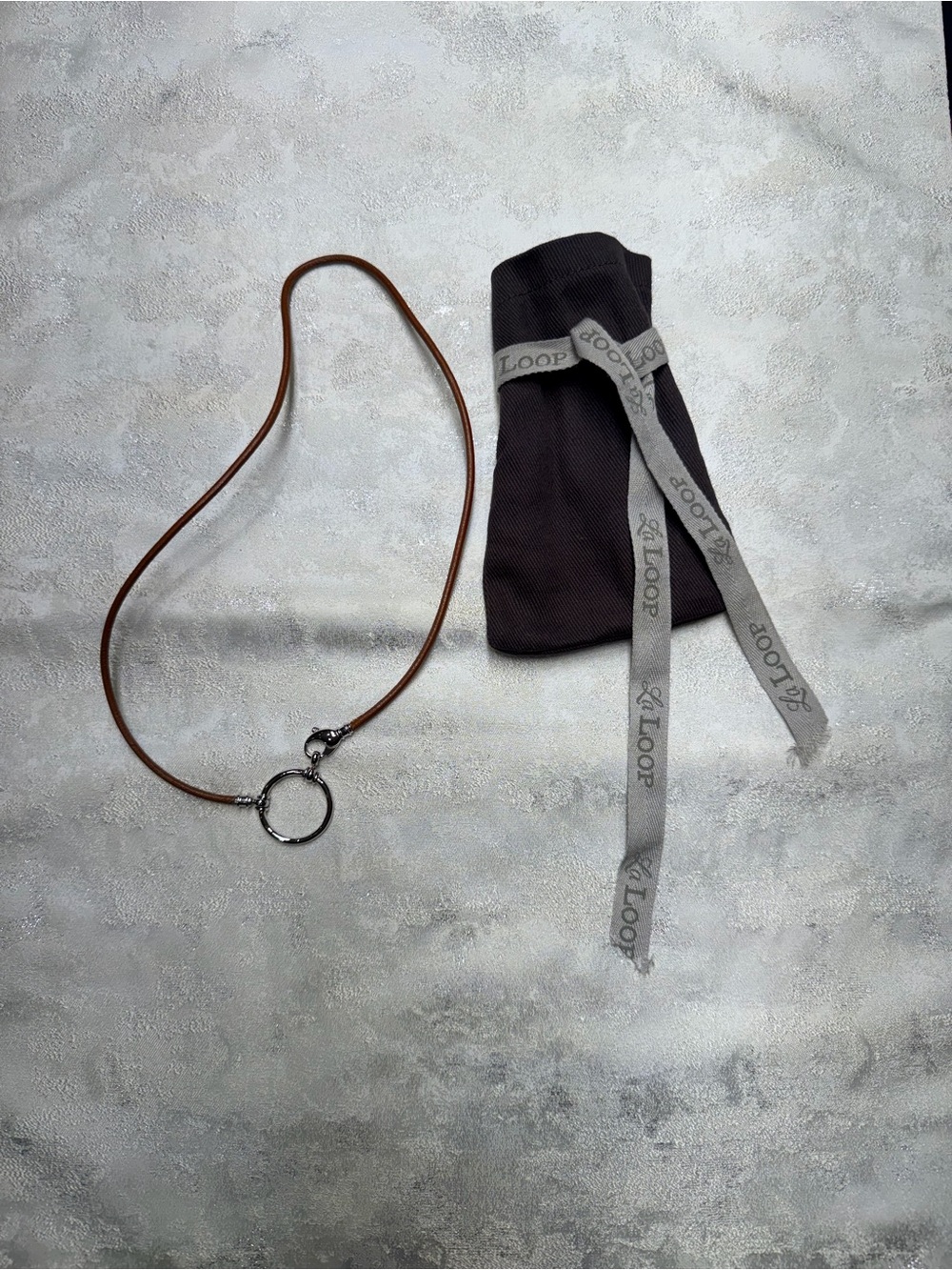 Leather La Loop Keychain Necklace with Silver Ring - Brown
